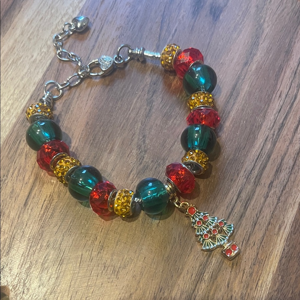 Festive Beaded Bracelet with Christmas Tree Charm red gold green 10”